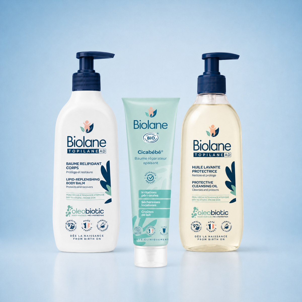 Biolane Eczema Care Set with Topilane AD protective cleansing oil, lipid-replenishing body balm and Cicabebe soothing repair balm