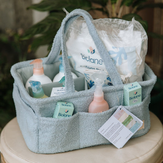 A Little Lullaby caddy filled with Biolane baby care products at the Biolane Community Connect