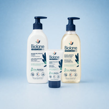 Biolane Eczema Care Bundle — Topilane AD Protective Cleansing Oil, Lipid-Replenishing Body Balm and Emollient Face Cream