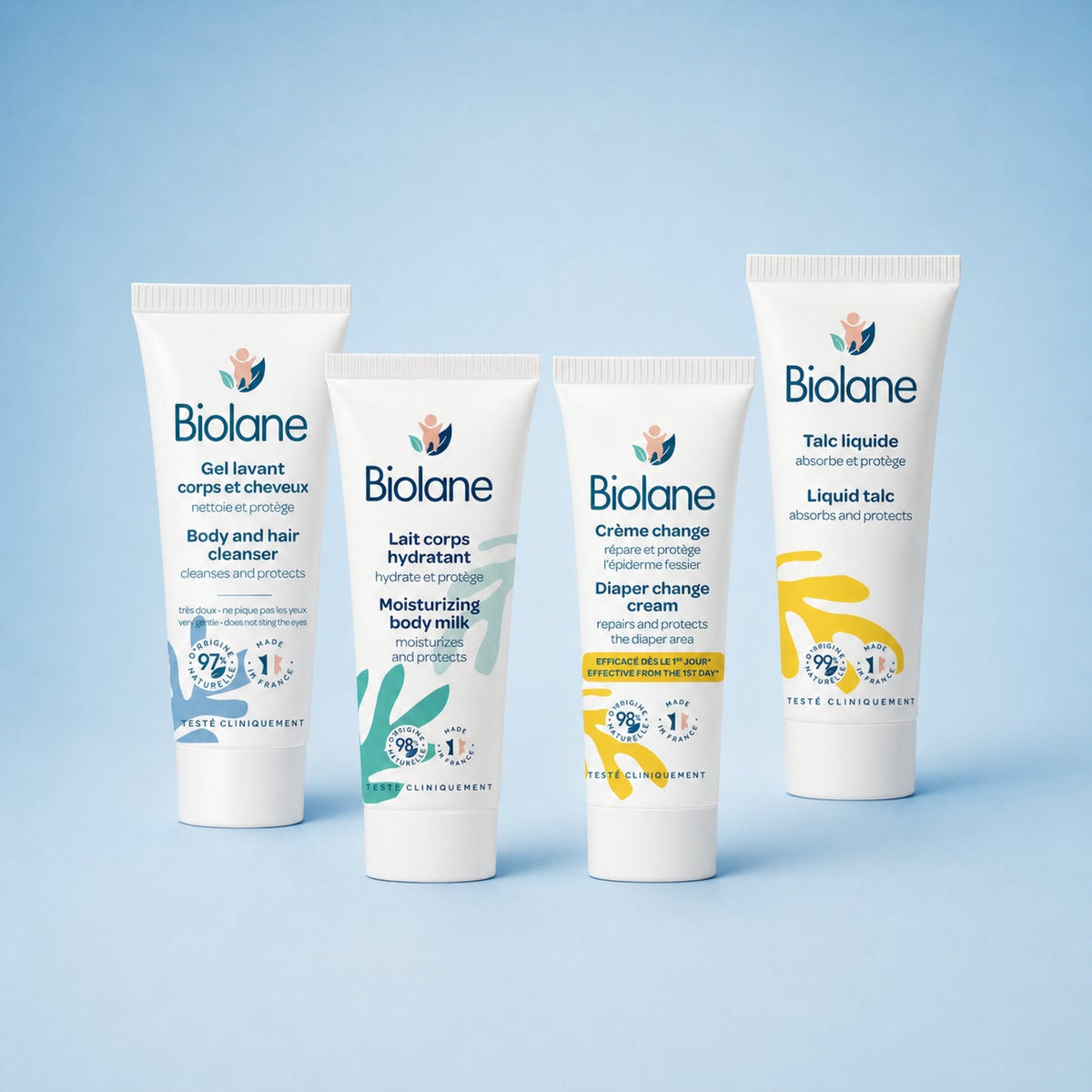 Biolane Newborn Trial Set — four 15 ml tubes: Body & Hair Cleanser, Moisturizing Body Milk, Diaper Change Cream and Liquid Talc