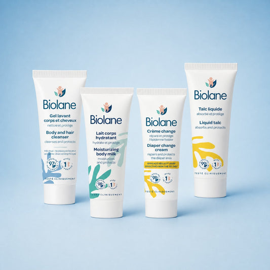 Biolane Newborn Trial Set — four 15 ml tubes: Body & Hair Cleanser, Moisturizing Body Milk, Diaper Change Cream and Liquid Talc